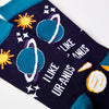 close up of I Like Ur-anus socks showing planet design and text