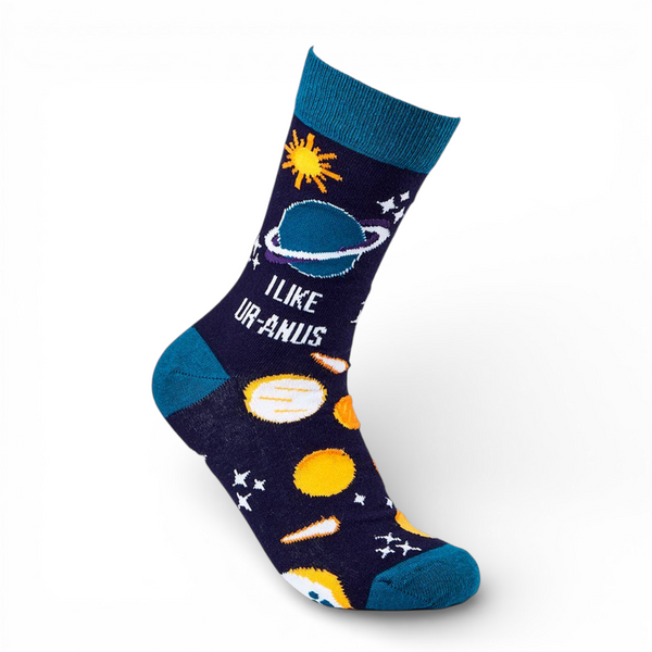 I Like Ur-anus novelty socks navy main view with space design