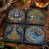 Viking art slate coasters with colourful Norse mythology designs printed on natural black slate