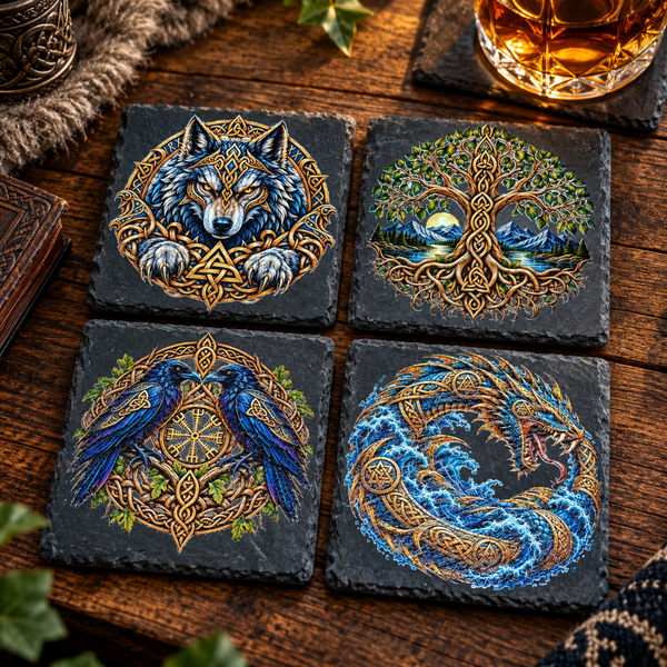 Viking art slate coasters with colourful Norse mythology designs printed on natural black slate