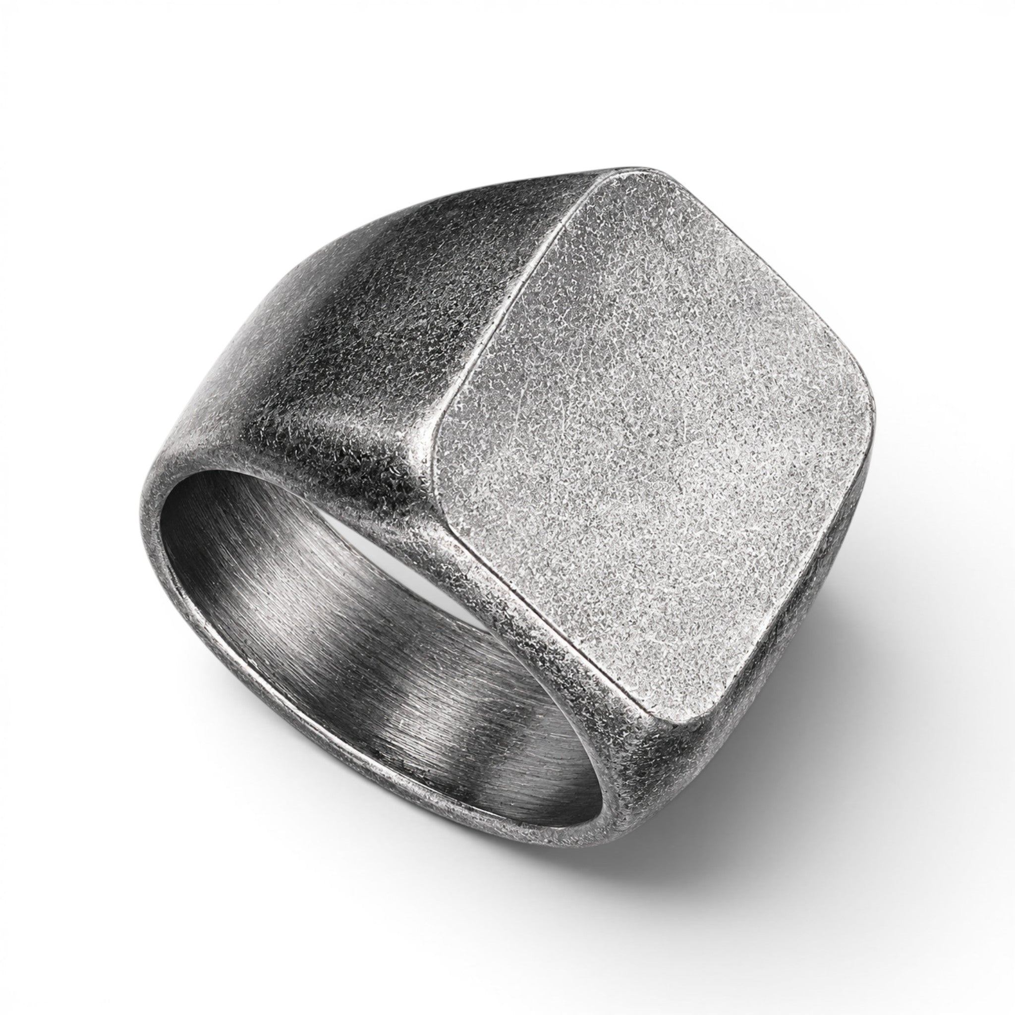 Vintage finish stainless steel signet ring with a textured 17mm x 14mm face on a white background.