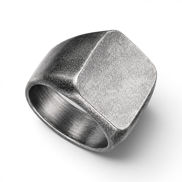 Vintage finish stainless steel signet ring with a textured 17mm x 14mm face on a white background.