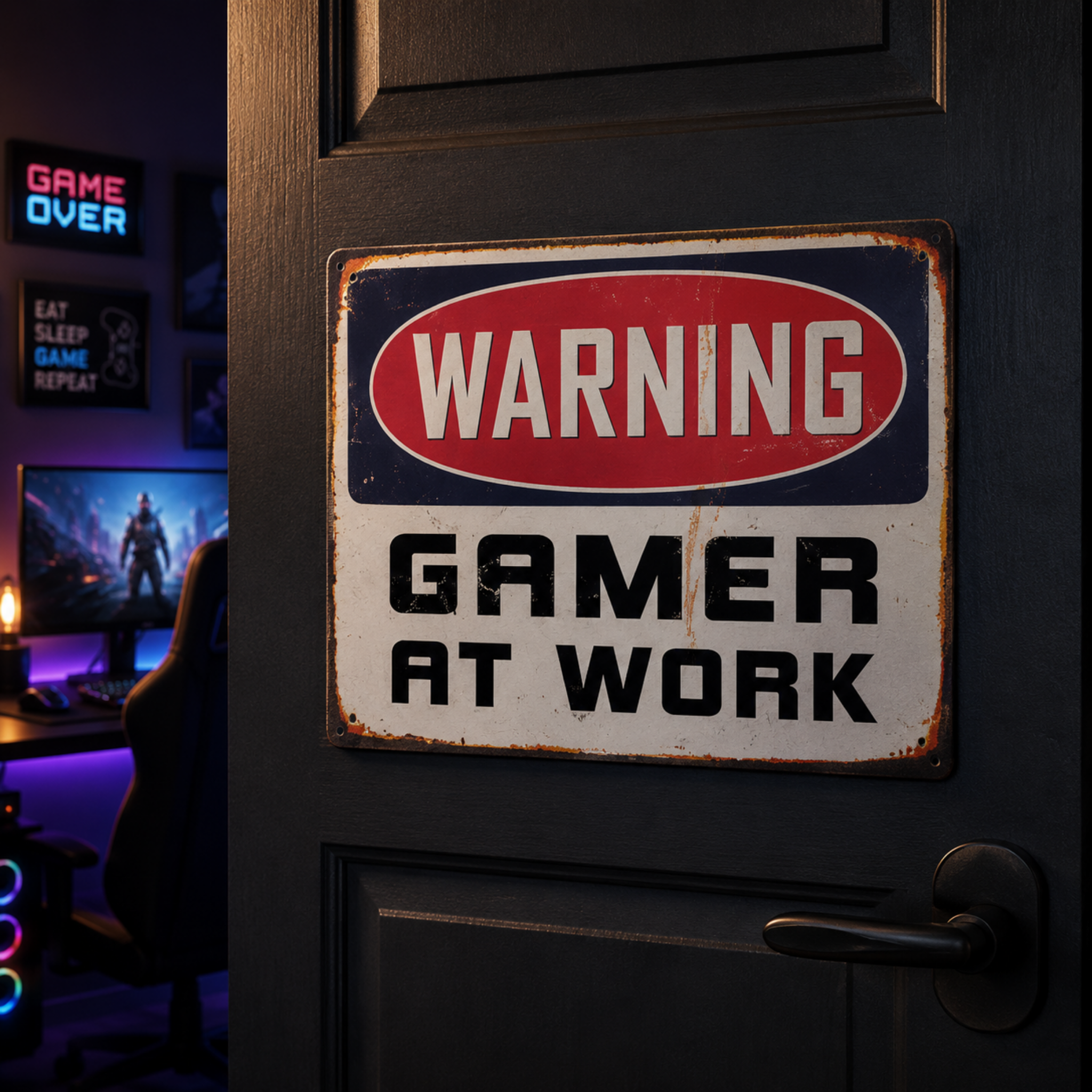 Warning Gamer At Work metal tin sign mounted on a dark gaming room door with RGB lighting in the background