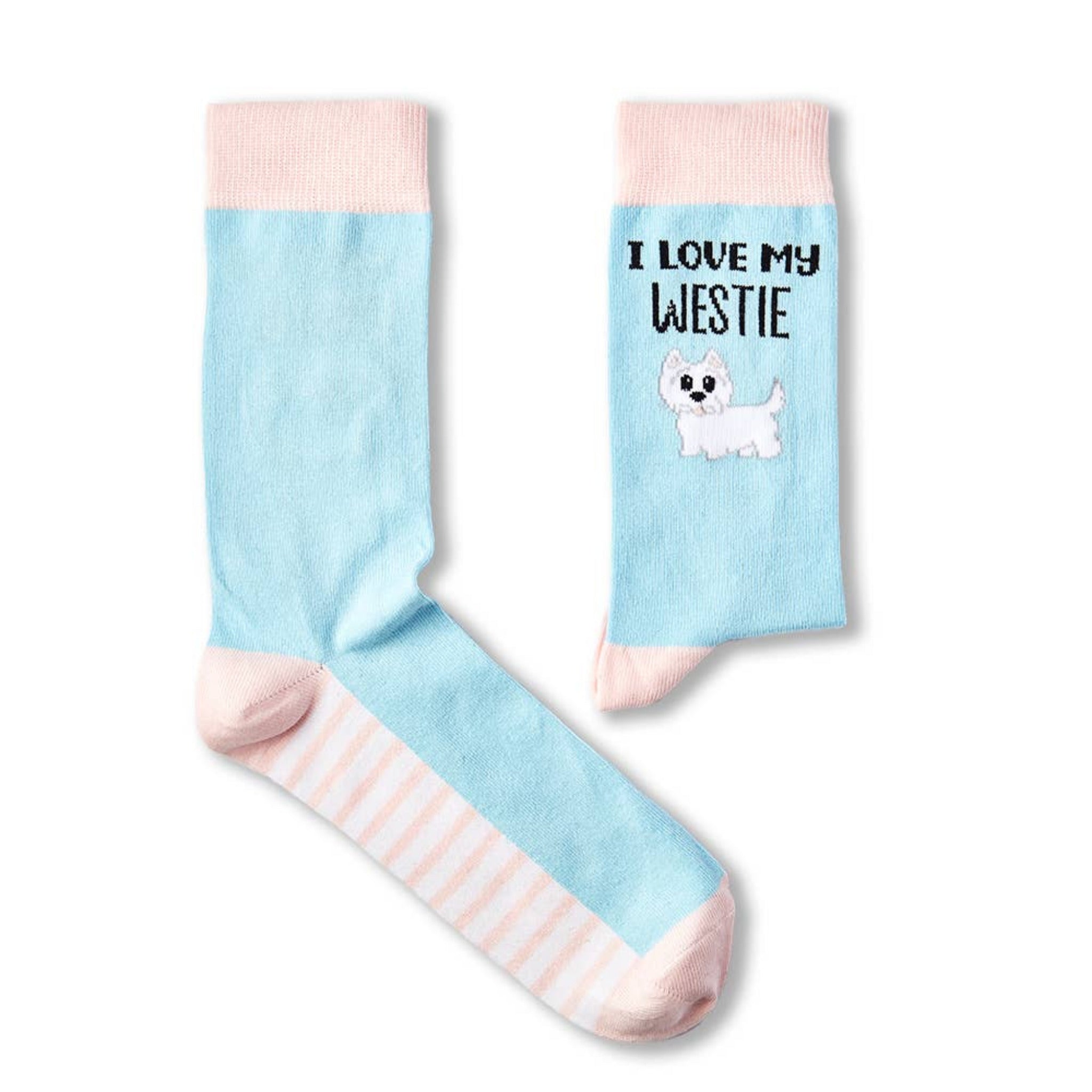 pair of I Love My Westie novelty socks laid flat showing full design