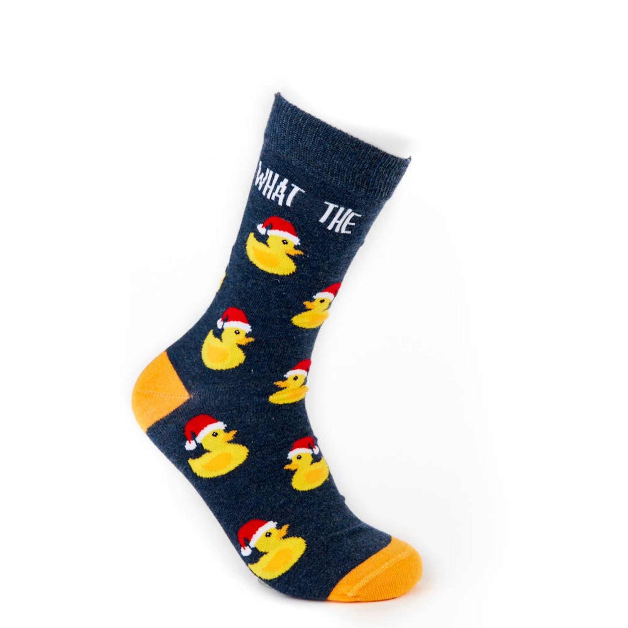 What The Duck novelty socks navy front view with duck pattern