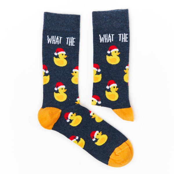 pair of What The Duck novelty socks laid flat showing full duck design