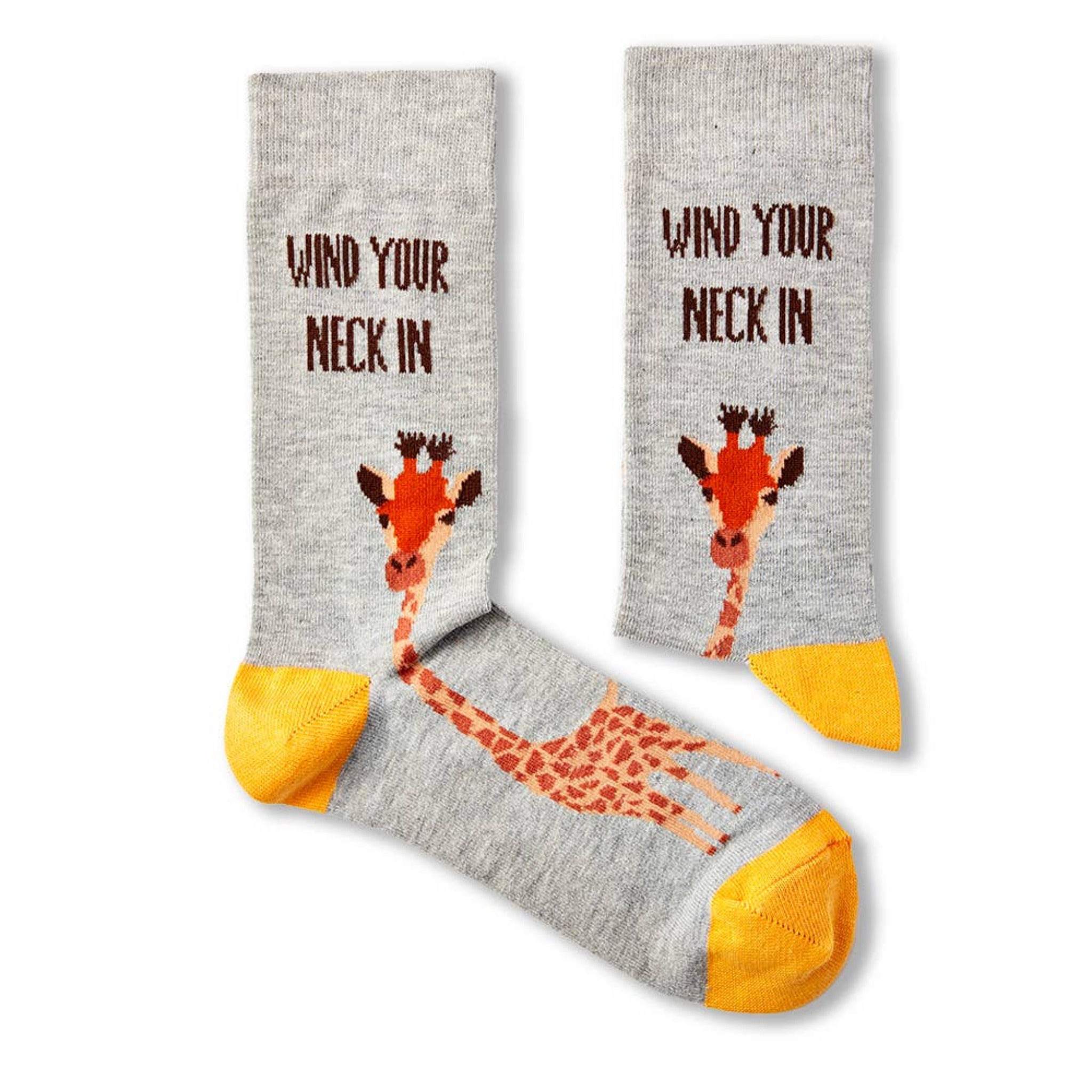 pair of Wind Your Neck In novelty socks laid flat showing full design
