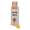 Wind Your Neck In socks with retail tag visible