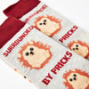 Close up of hedgehog design and surrounded by pricks text on novelty socks