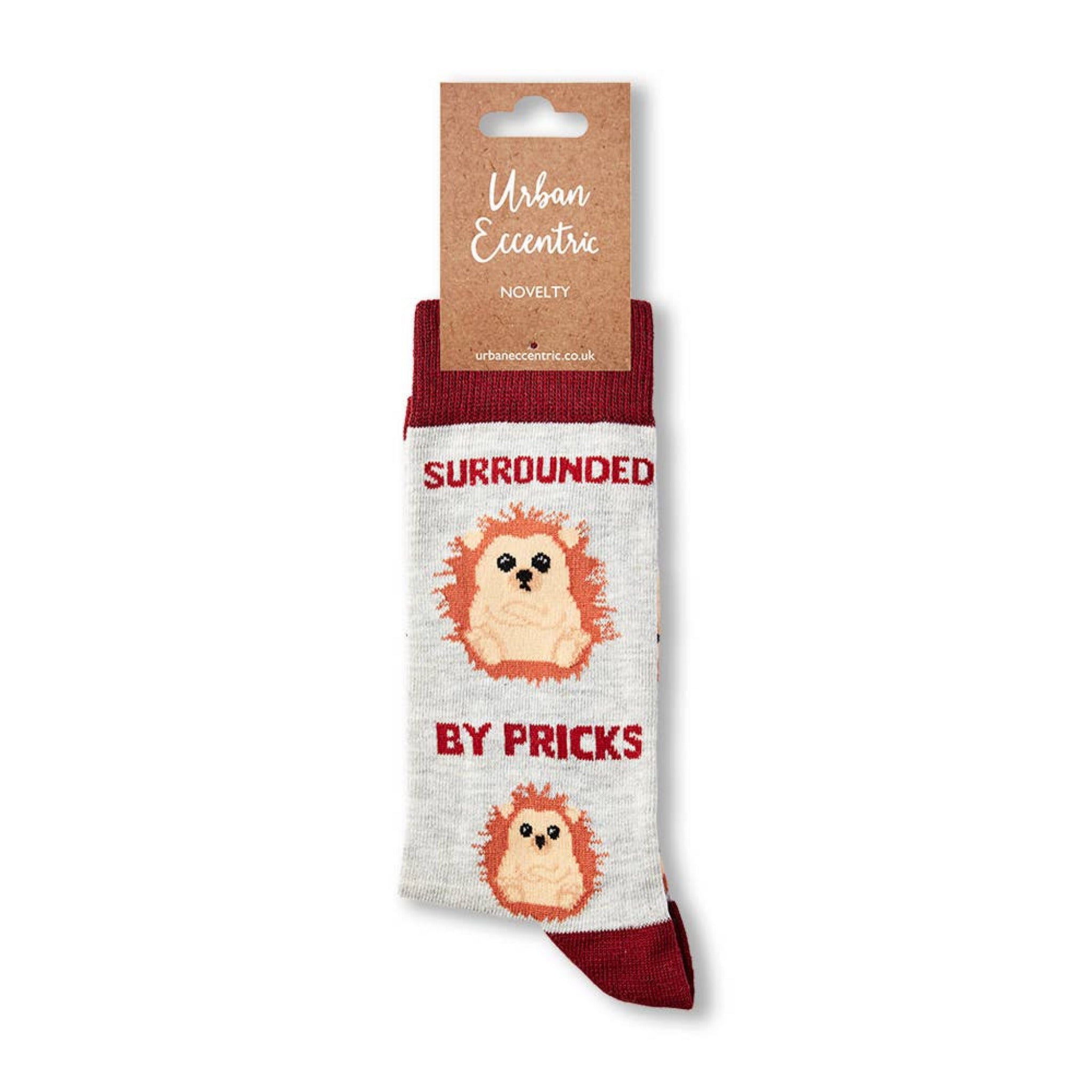 Women’s surrounded by pricks hedgehog socks in retail packaging