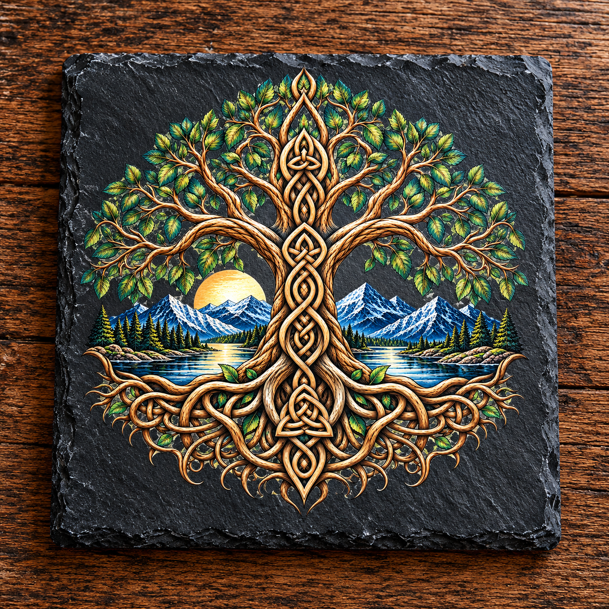 Yggdrasil Tree of Life with Celtic knotwork, green leaves, mountains and lake artwork printed on a natural black slate coaster