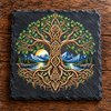 Yggdrasil Tree of Life with Celtic knotwork, green leaves, mountains and lake artwork printed on a natural black slate coaster