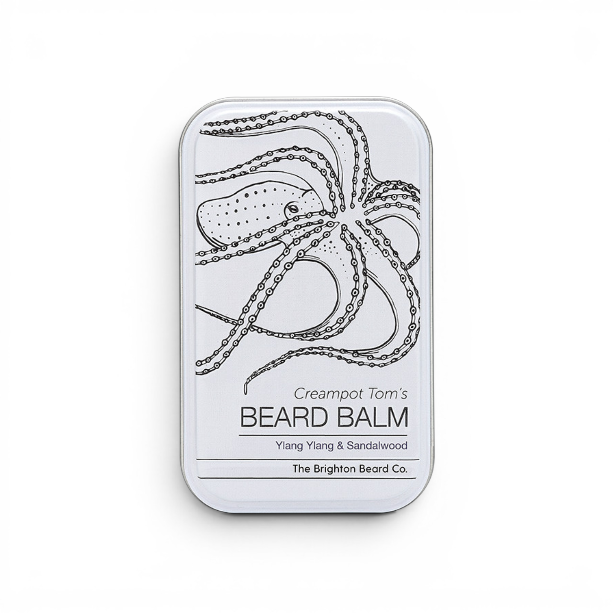 Creampot Tom’s ylang ylang and sandalwood beard balm 40ml closed tin on white background