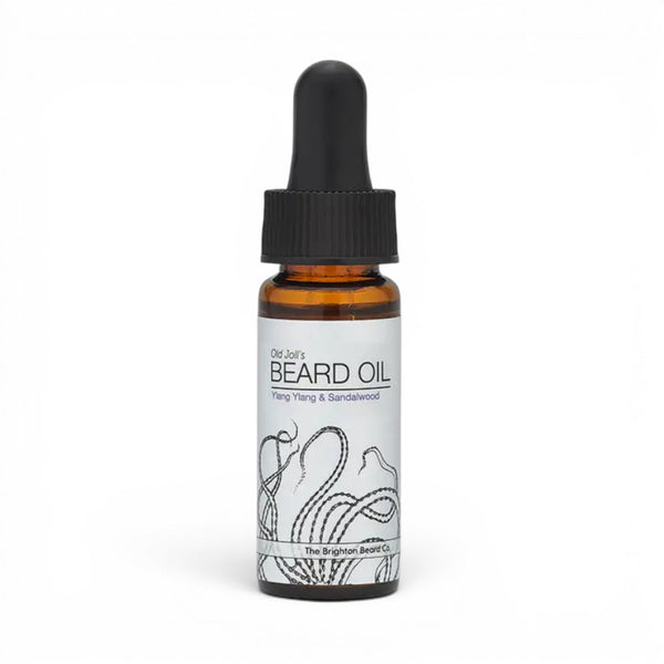 10ml ylang ylang sandalwood beard oil bottle with pipette lid on white background