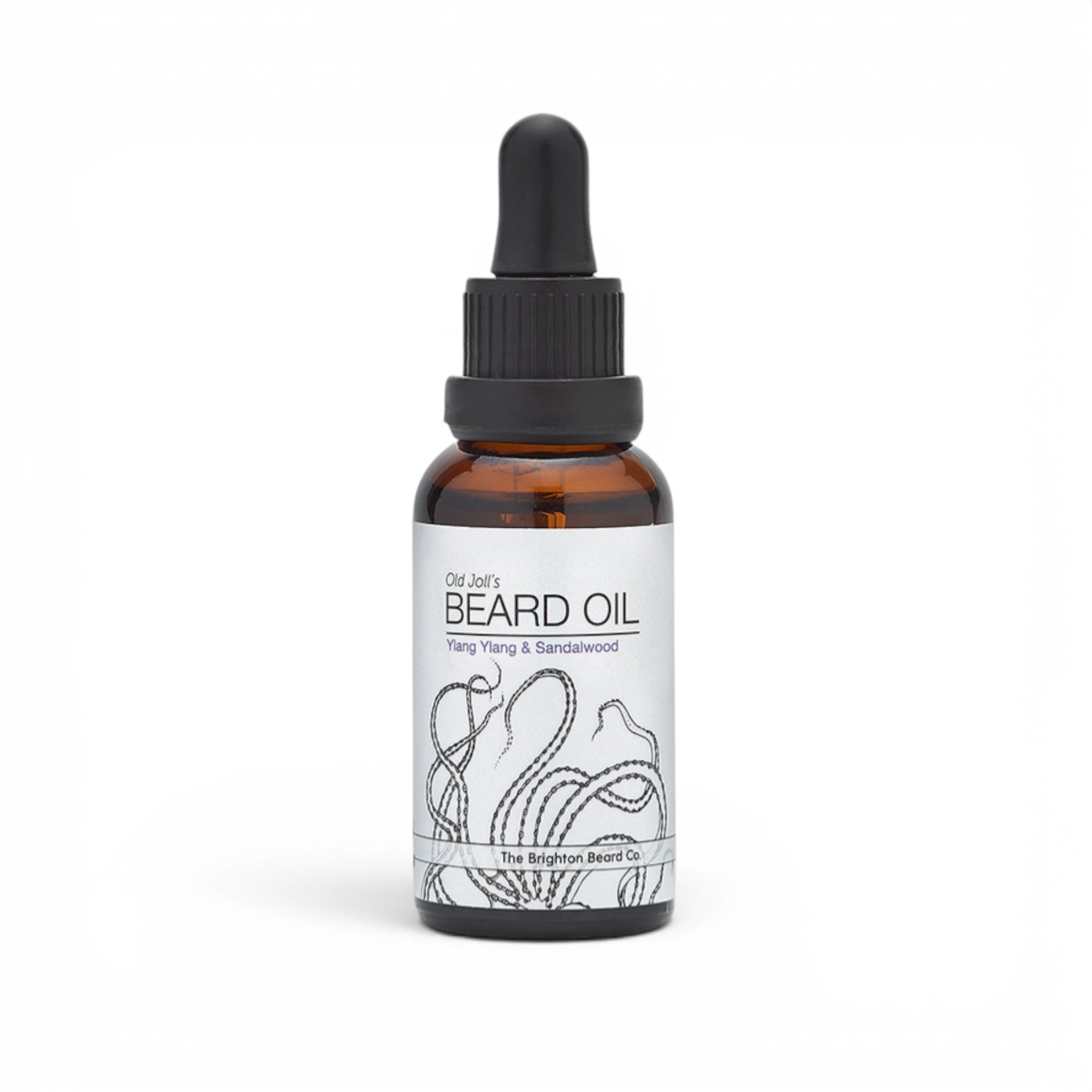 30ml ylang ylang sandalwood beard oil bottle with pipette lid on white background