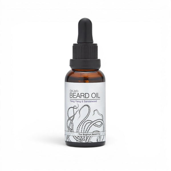 30ml ylang ylang sandalwood beard oil bottle with pipette lid on white background