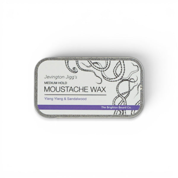 Ylang ylang sandalwood medium hold moustache wax in slimline tin on white background