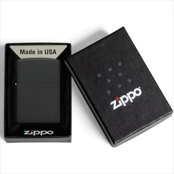 Zippo 218 black matte lighter presented in official Zippo gift box