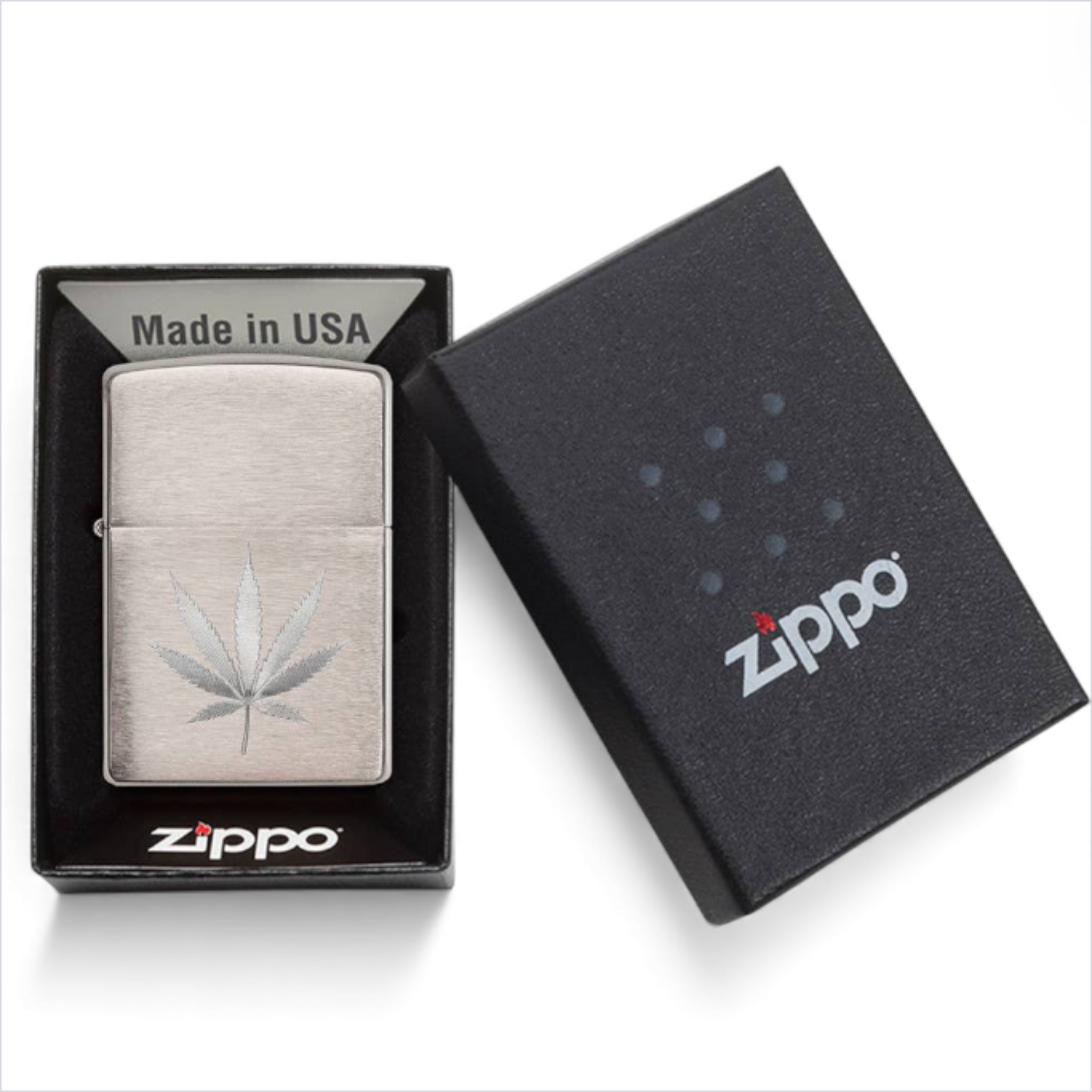 Zippo brushed chrome leaf design lighter in official Zippo gift box