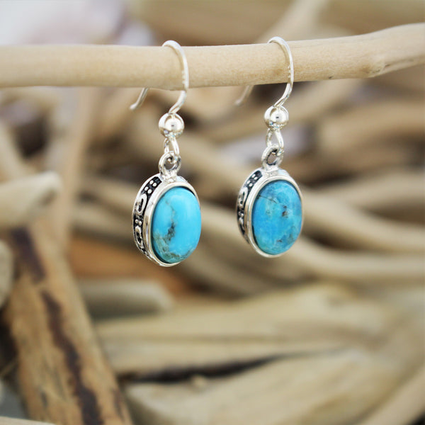 Oval Turquoise Silver Hook Earrings