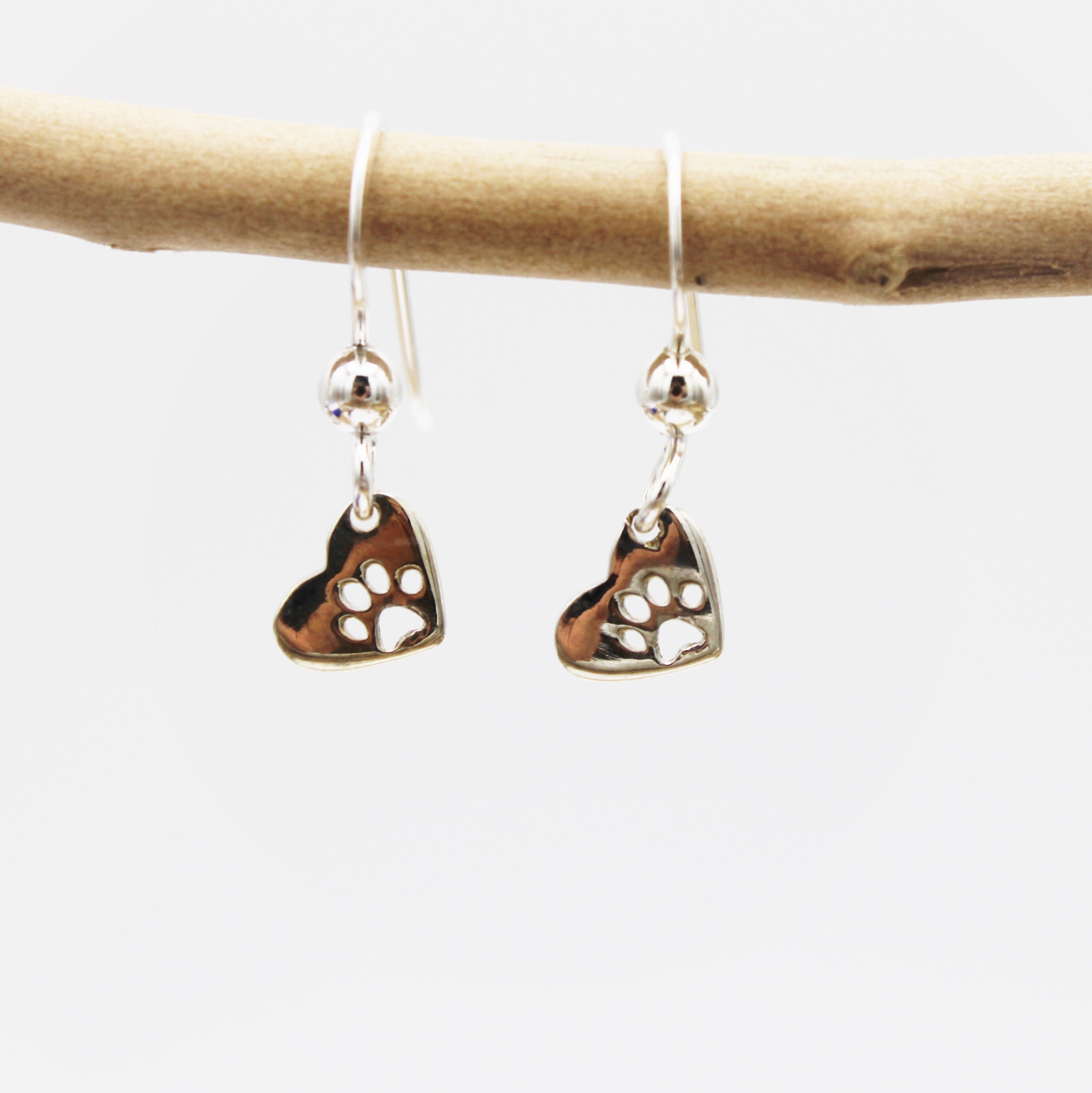Silver Heart Paw Print Earrings