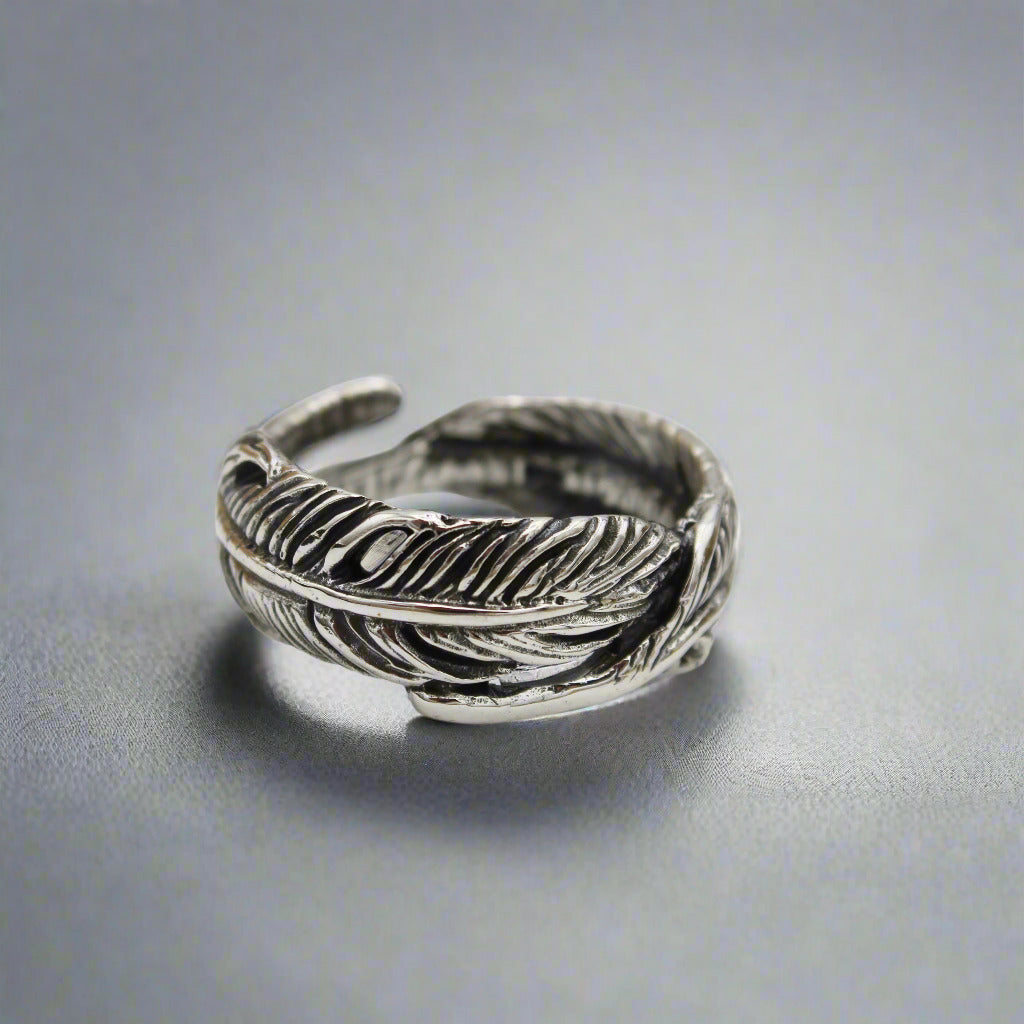 Sterling Silver Adjustable Oxidized Feather Ring