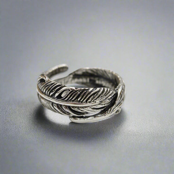 Sterling Silver Adjustable Oxidized Feather Ring